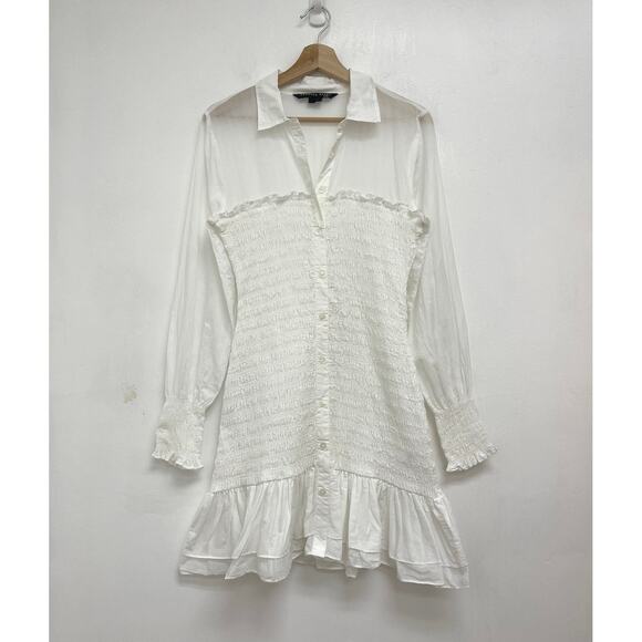 Veronica Beard Jeans Kelsey Smocked Bodice Combo Flounce Hem Shirt Dress Size 6 - Picture 2 of 13